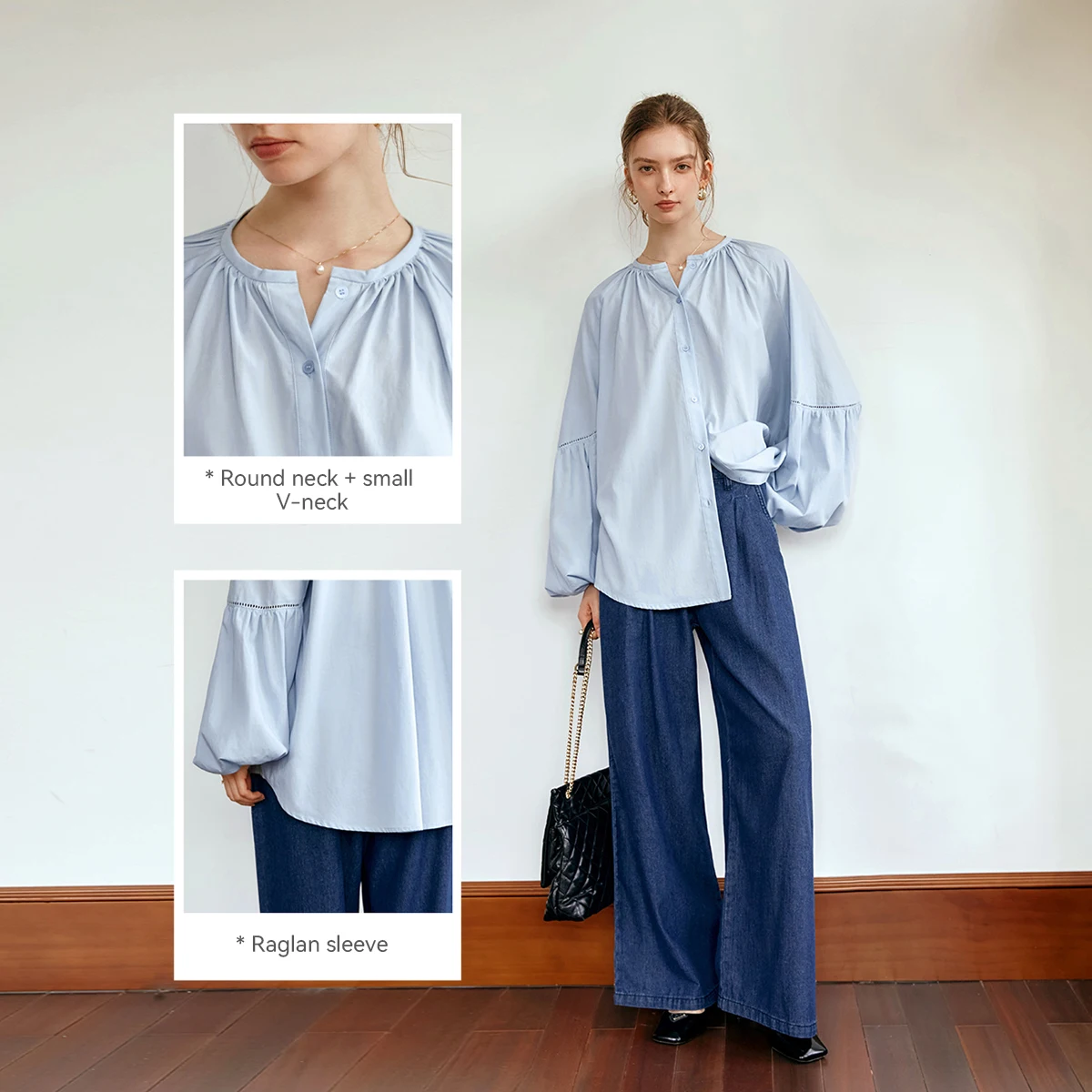 

Женская синяя рубашка OLrain из смесового хлопка, весна-осень 2026, элегантная, с рукавами-фонариками, свободного кроя, оверсайз, M56QC93095