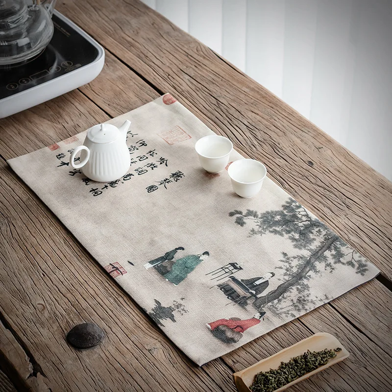 

Chinese Style Cotton Linen Fabric Tea Table Tea Mat Printing Zen Waterproof Table Runner Dry Pour Tea Towel Mat Tea Napkin