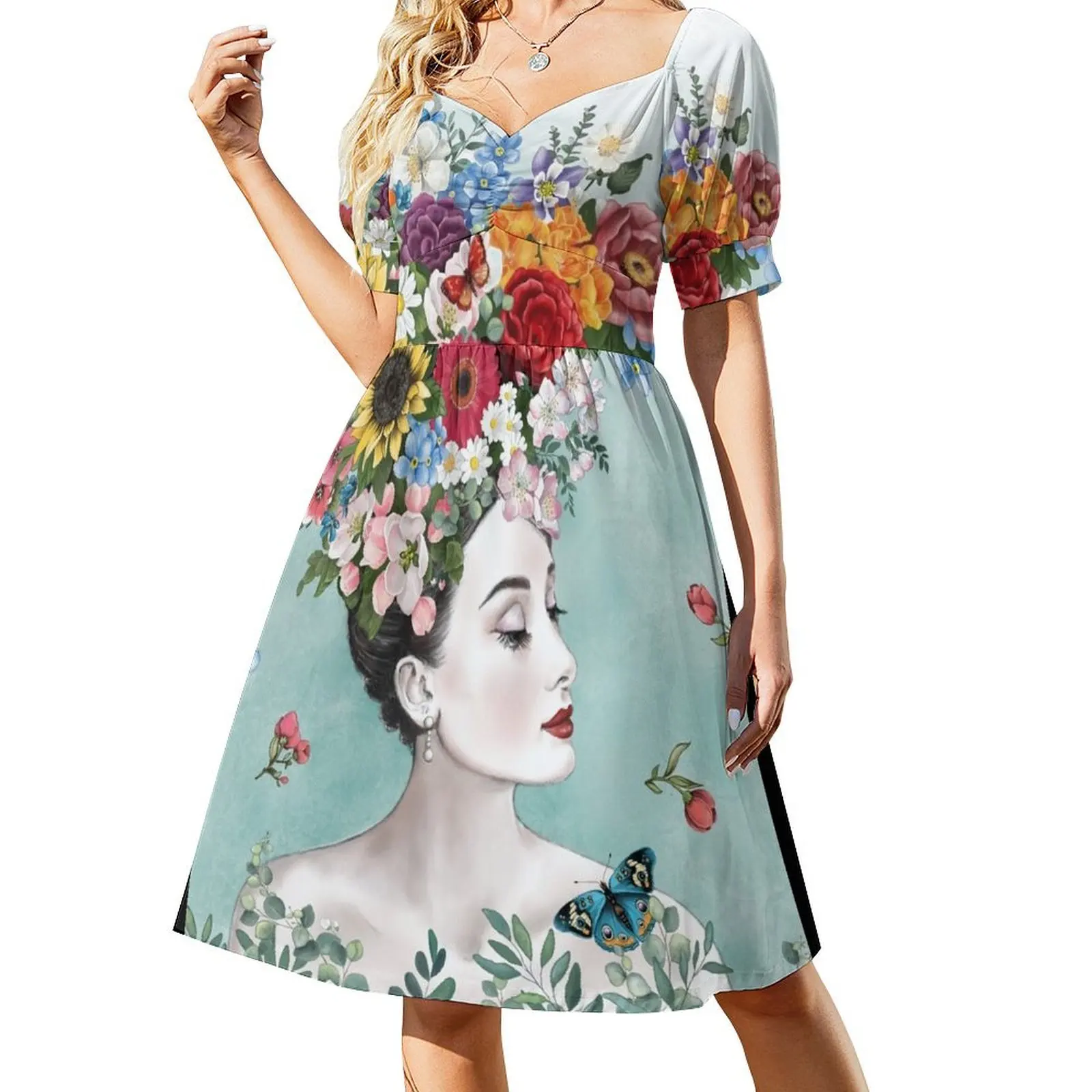 

Woman with a Flower Crown - Turquoise Background Short-Sleeved Dress festival outfit women loose women's dress prom dresses