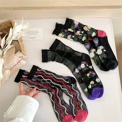 Crystal Silk Socks Women Summer Ultra-thin Transparent Elastic Nylon Long Socks Harajuku Vintage Floral Embroidery Kawaii Socks