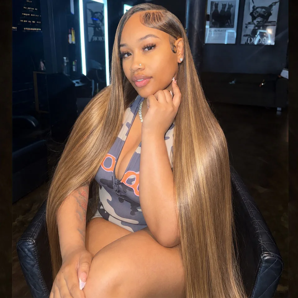 40inch 13x6 HD Transparent Lace Highlight Blonde Colored Human Hair Wigs P4/27 Color Straight Lace Frontal Wigs Human Hair Wigs