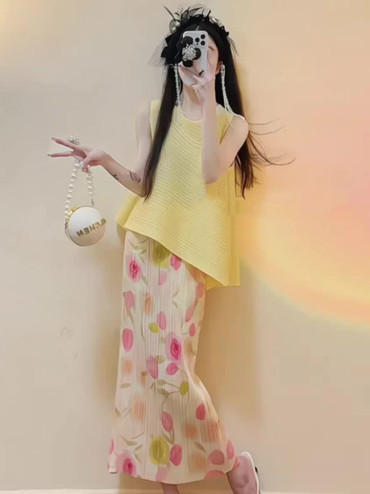 Sweet Style Sleeveless Vest Comfortable Gathered Waist Skirt High Waist Polyester Fiber round Neck Regular Length Summer Fashion