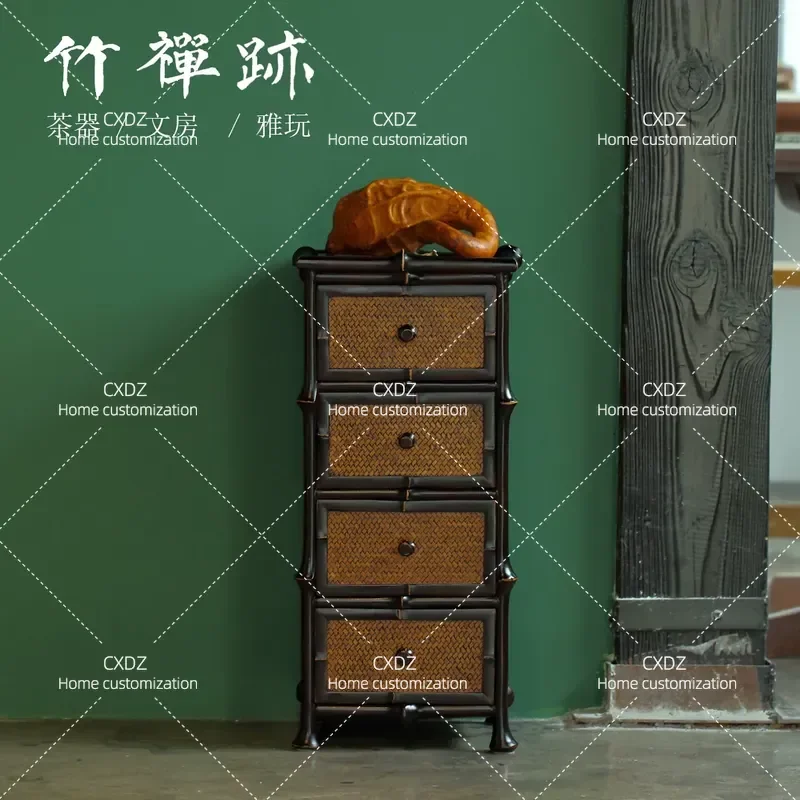 Retro Bamboo Tea Cabinet Small Multi Layer Drawer Storage Unit Zen Style Bucket Design Easy Access Locker for Tea Collection