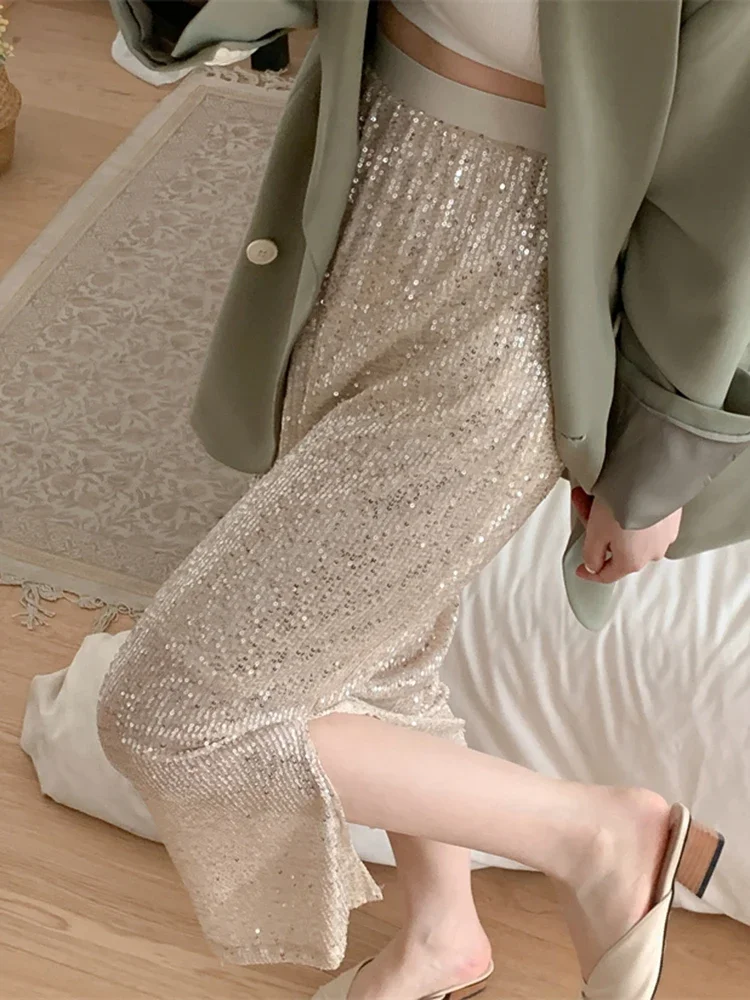 CJFHJE جديد أزياء المرأة الصناعة الثقيلة الترتر تألق تنورة الكورية تنوعا سبليت مستقيم النساء التنانير الربيع الصيف