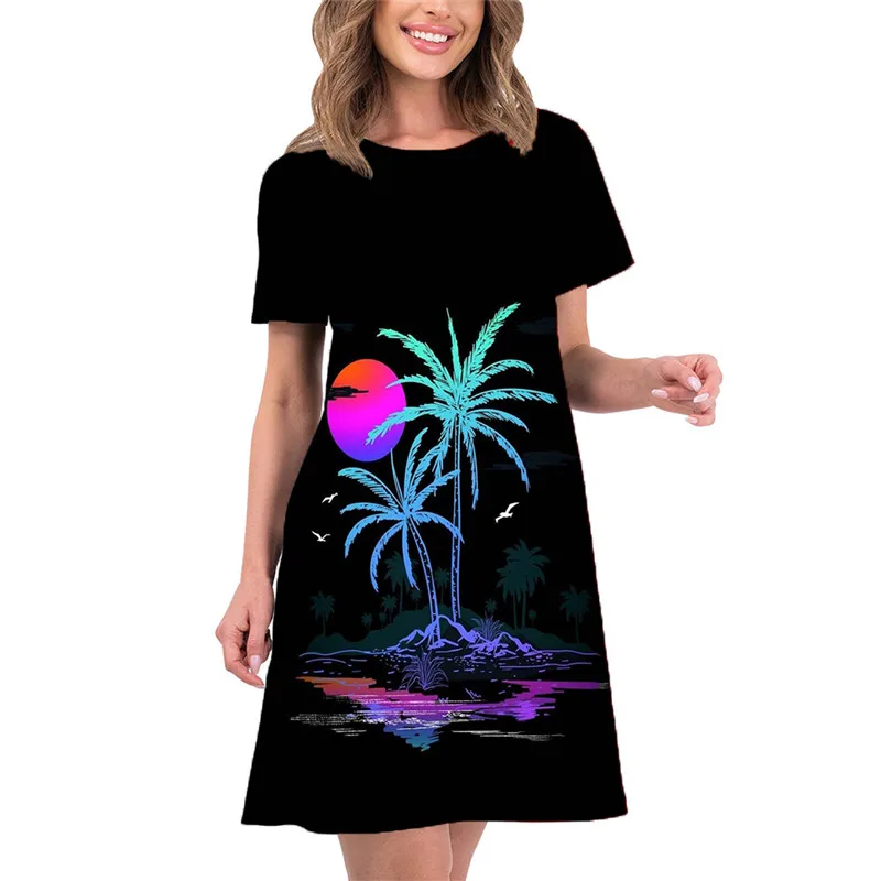 

Elegant Night Beach Scenery Print Women Dress New 2024 Summer Short Sleeve O-Neck Loose Mini Dress Beach Casual Female Dress