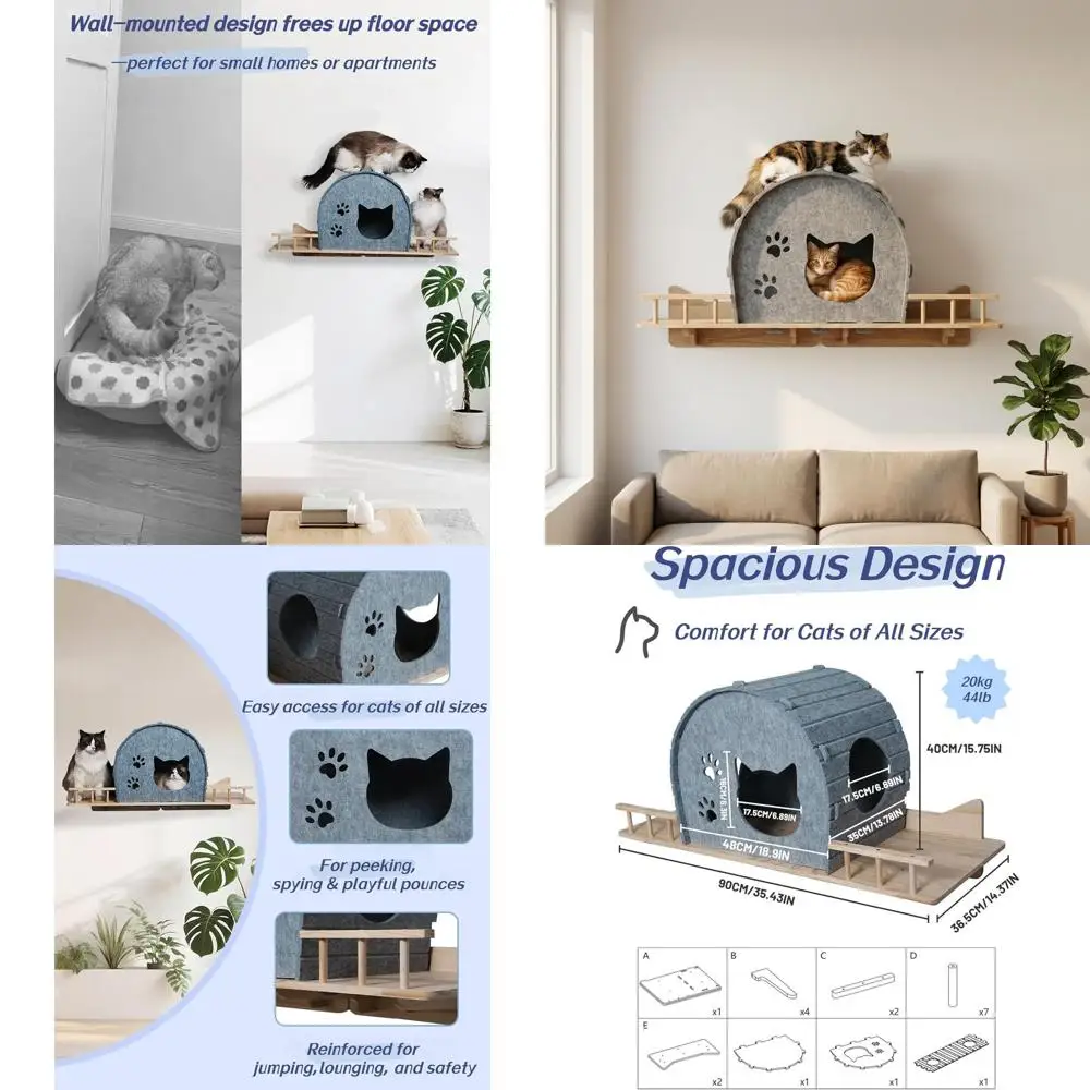 

Gray Indoor Wall-Mounted Cat Shelf: Minimalist Felt & Wood Cat Furniture for Rest & Lounge