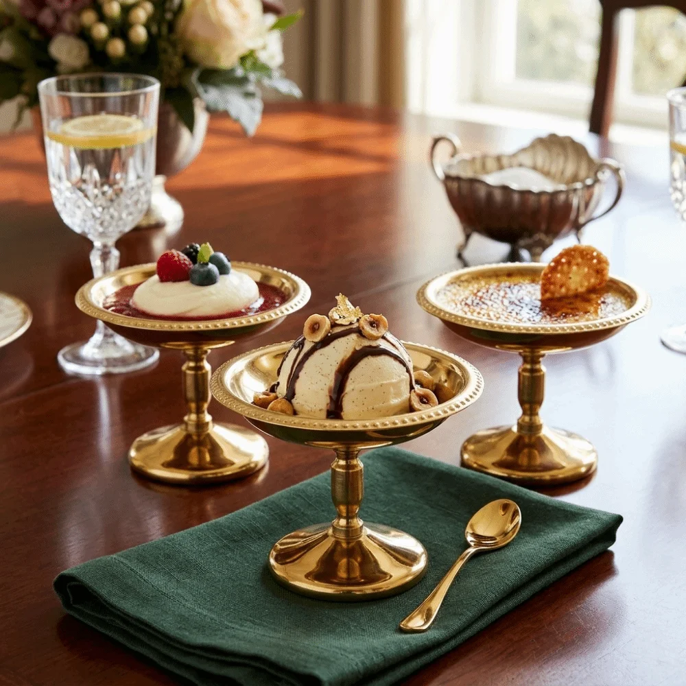 Stable Rustless Steel Dessert Bowl Tall Stem Base Polished Panna Cotta Cup Dot Edge Solid Pudding Cup Ice Cream Serving