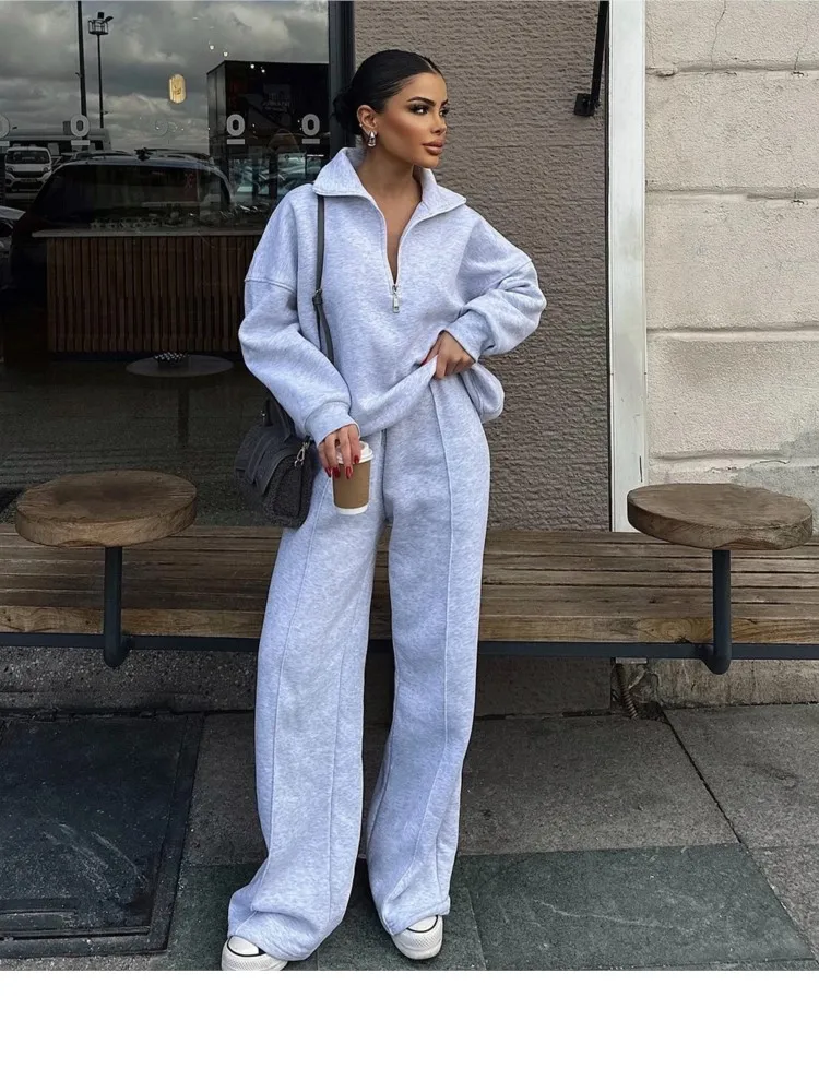 

Woman 2 Piece Set Outfit Casual Fashionable Half-breasted Pullover Sweatshirt Trousers Loose Two Piece Outfits Simple Style