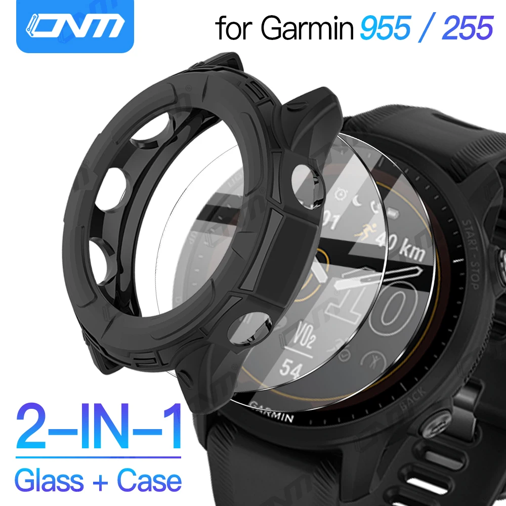 เคสแบบ2-in-1 + กระจกนิรภัยสำหรับ Garmin Forerunner 955/255ฟิล์มกันรอยหน้าจอ HD & อุปกรณ์เสริมฝาครอบป้องกันกันชน