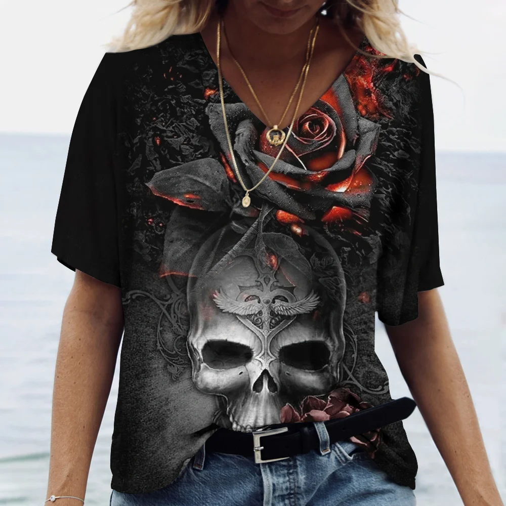 Vintage 3D Skull Printed Women\'s T Shirt Casual V-neck Short Sleeve  Blouses Summer Trend Harajuku Pullover Loose Tops Funny Tee