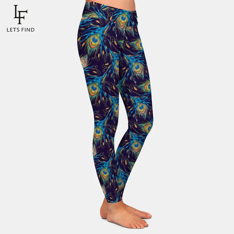 Leggings elásticos con estampado 3D de plumas de pavo real para mujer, Leggings de cintura alta de seda de leche para Fitness, novedad