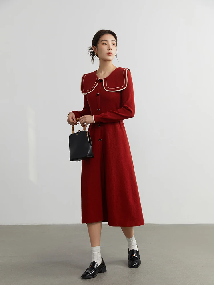 DUSHU Retro Red Women Mid-Length Knitting Dress Peter Pan Collar Button Decoration Pullover Sweater Dresses Office Lady Skirts