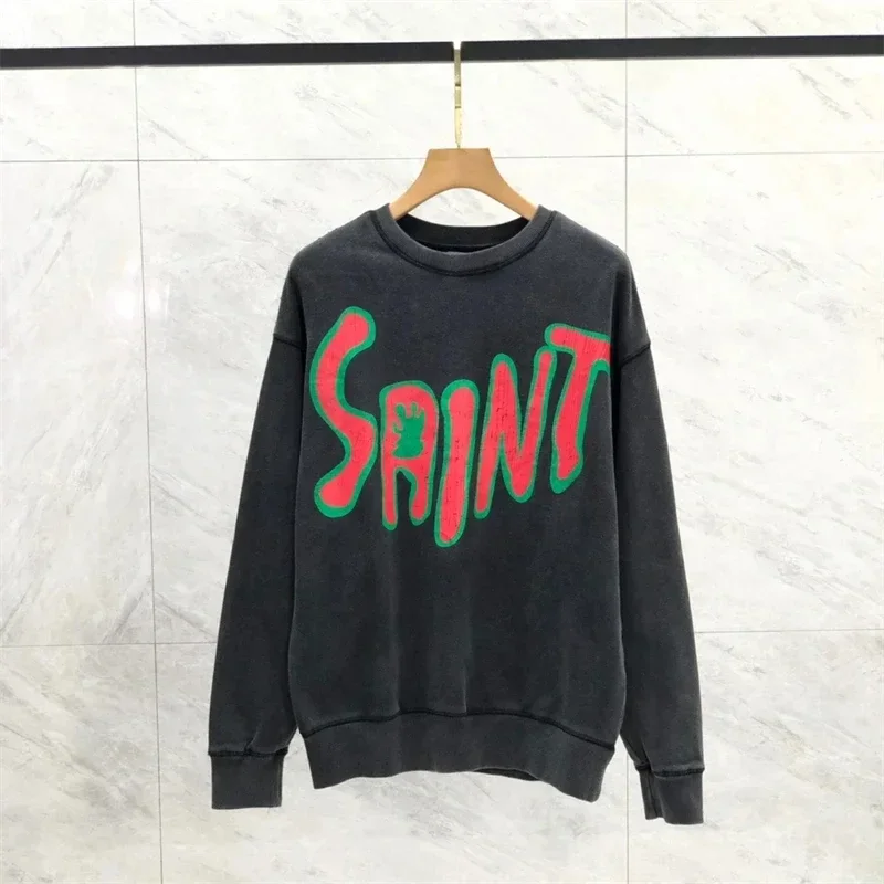 Washed Saint Sweatshirts For Men Women Best Quality Oversize Vintage Round Neck Crewneck Pullovers