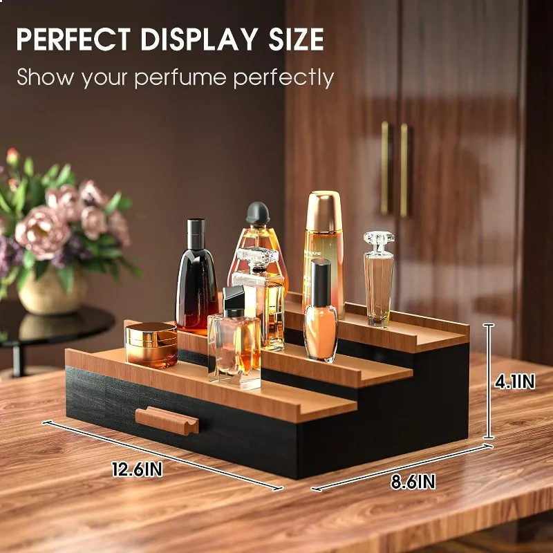 Wooden Cosmetic Organizer with Drawer and Hidden Layer Perfume Display Stand,Step-style Perfume Storage Box