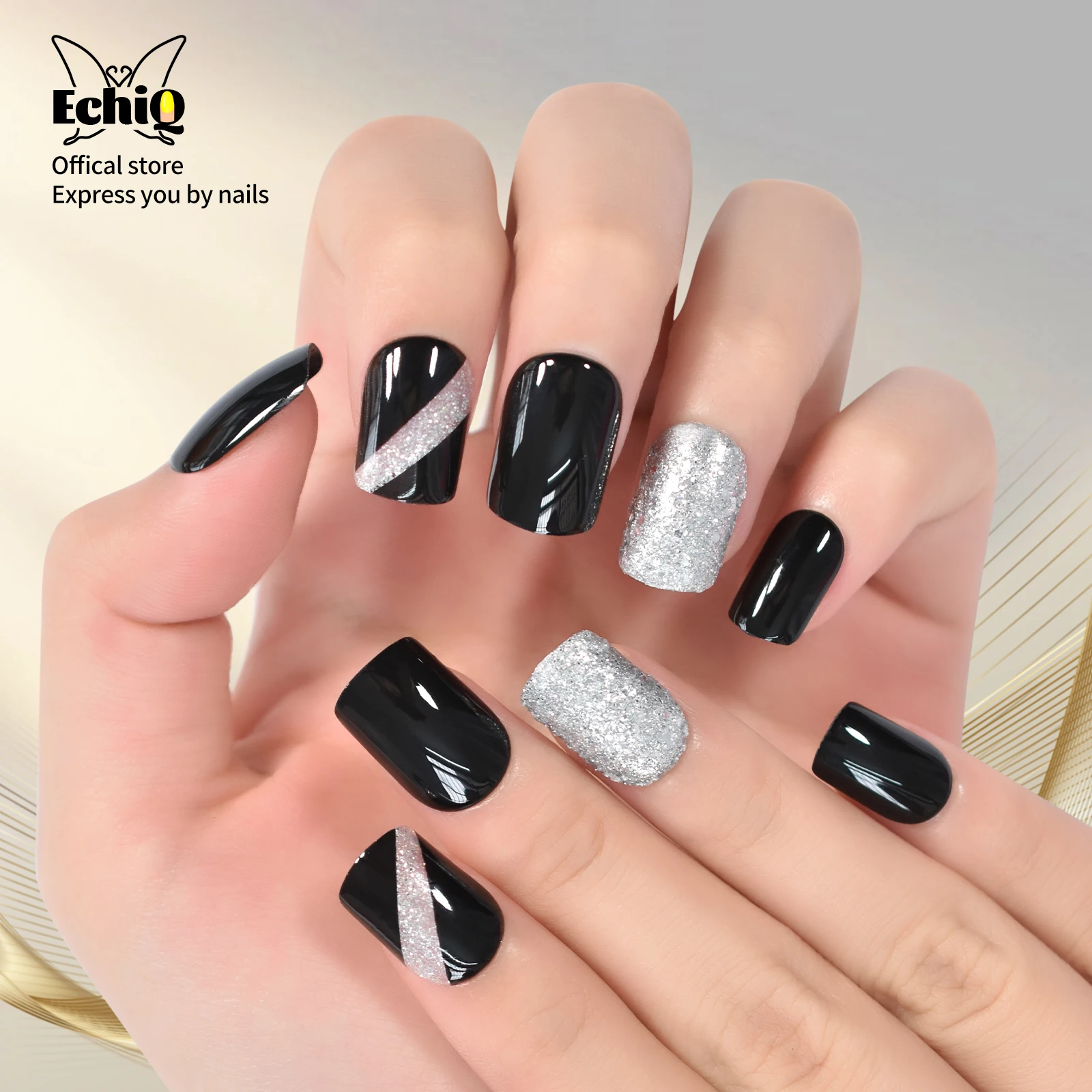 Rough Silver Press On Glitter Faux Ongles Reusable Short Black Nails Fake Bling Lady Artificial Acrylic Nail Tips for Fingers