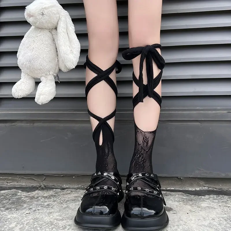 Gothic Lolita Girls Elastic Long Bandage Heart calze a rete Jk Tie Lace Mesh calze donna Sexy Middle Tube Straps calzini fai da te