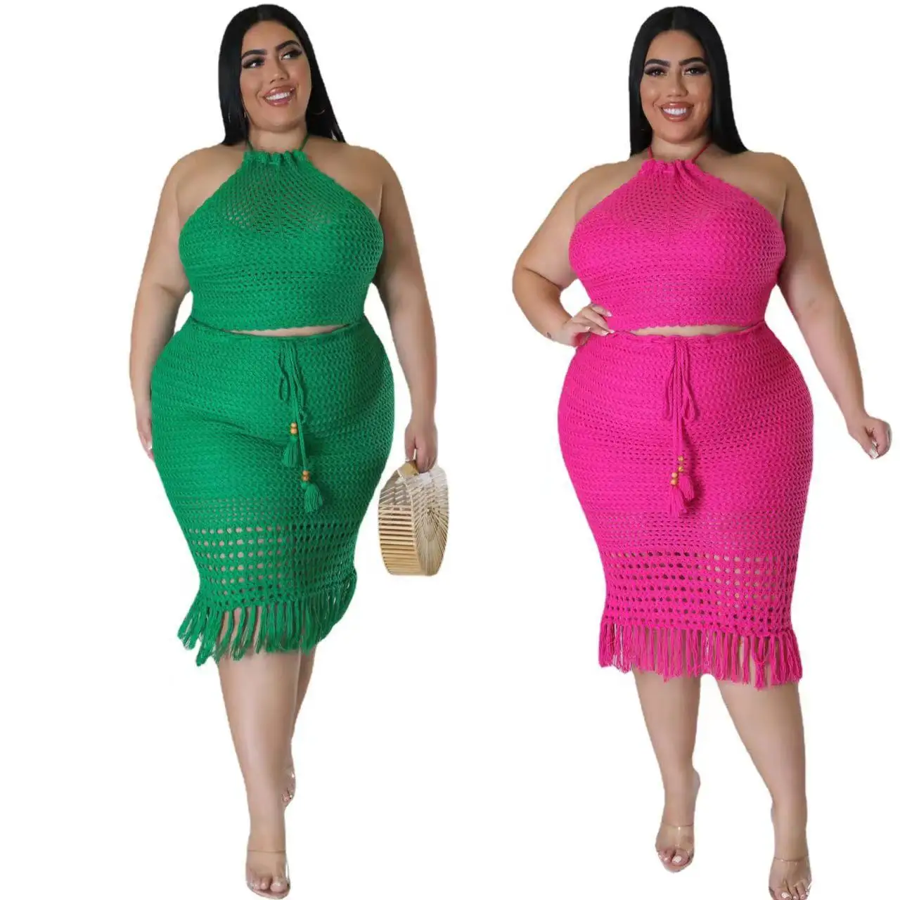 Plus Size Fashion Knitted Two Piece Skirt Set Halter Sleeveless Tassel Crop Top Long Skirt Women Clothing Beach Style Casual