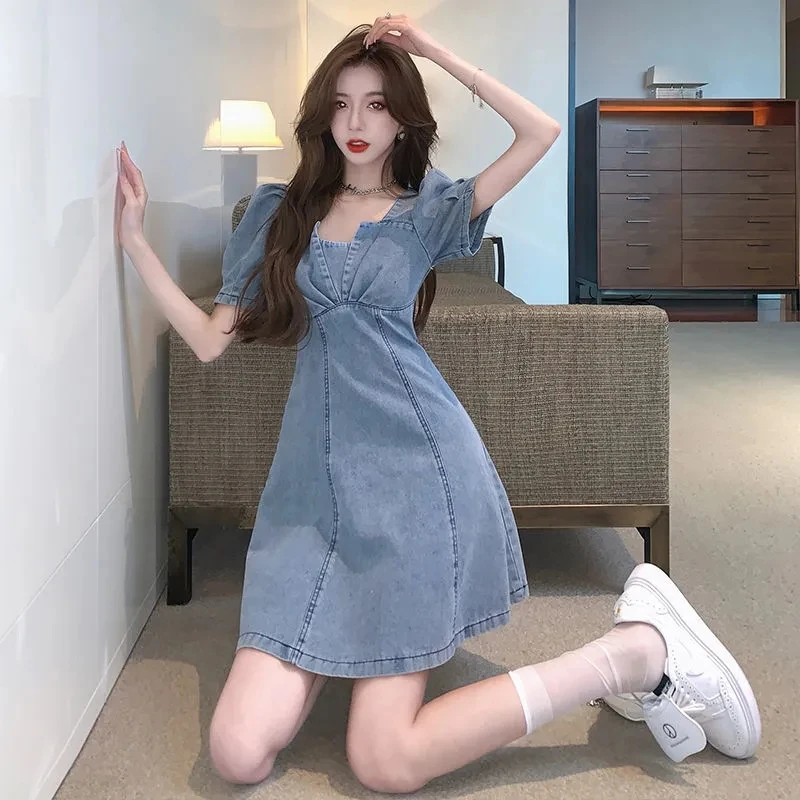 

Summer Denim Dress For Women Blue Puff Short Sleeve Elegant Square Collar Vestidos Female Fashion Mini A-Line All-Match Dresses