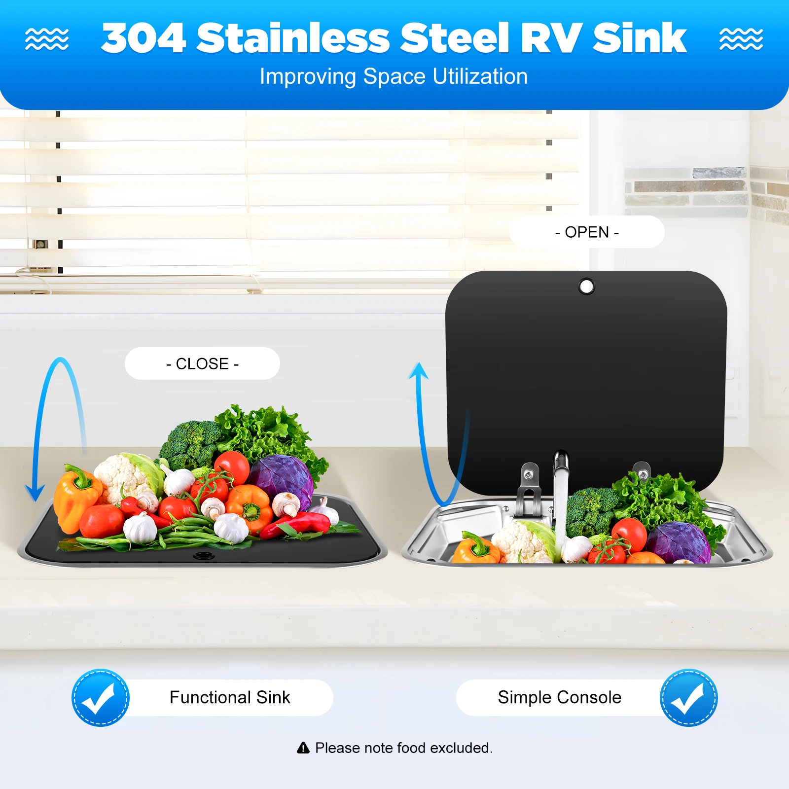 

RV Caravan Camper Sink Stainless Steel Hand Wash Basin & Glass Lid & Faucet