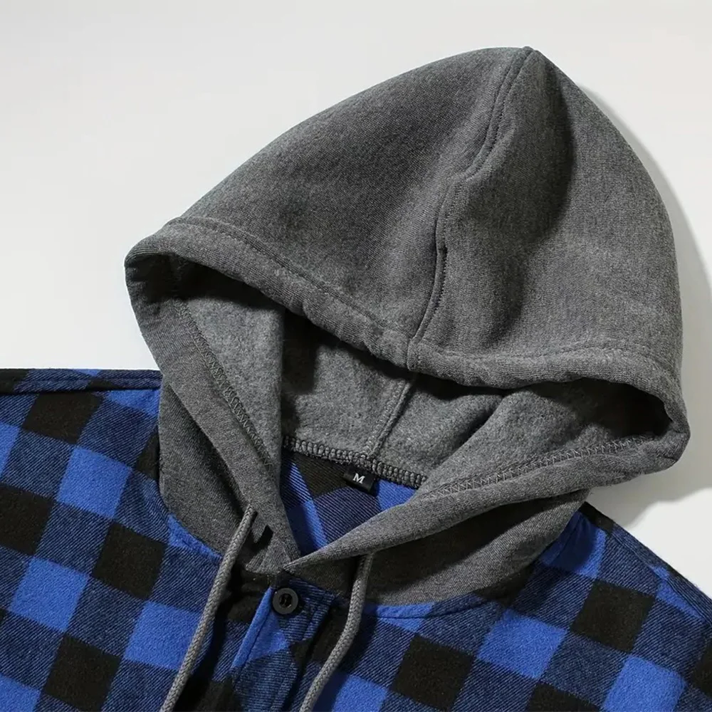 2025 New Flannel Hooded Men's Shirts Long Sleeve Classic Plaid Casual Shirt Button-Up 2-Pocket Colthing Thin Coat Shirt for Man