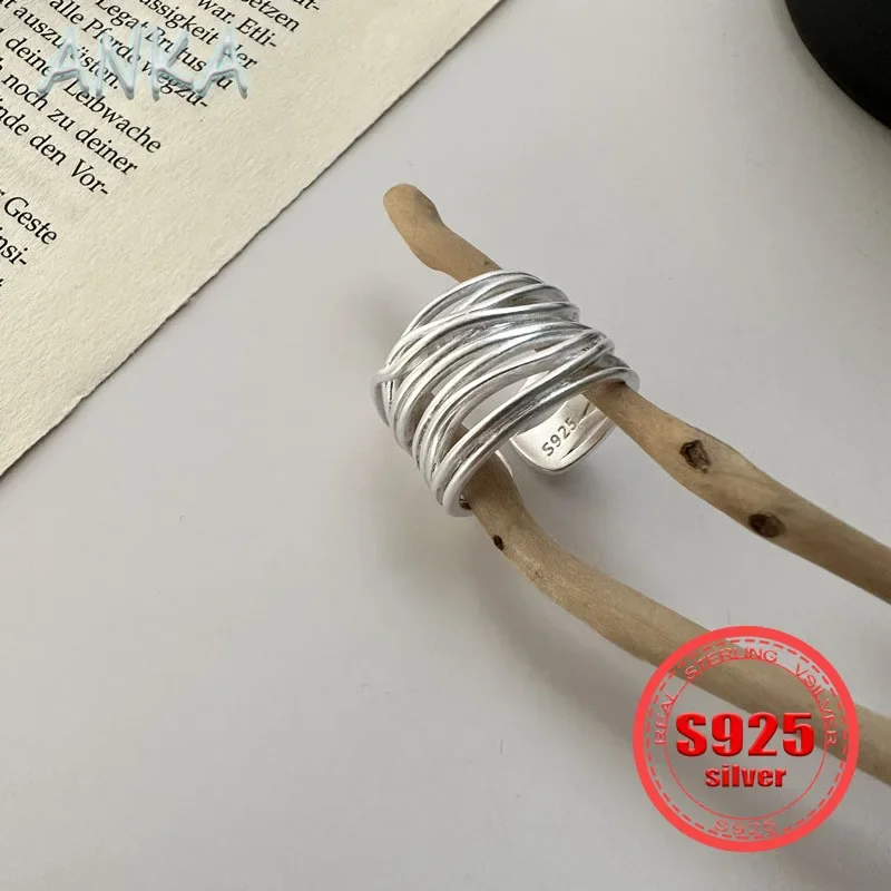 ANKA NEW S925 Sterling Silver Line Wrap Ring Simple Literary Matte Wide Open Ring