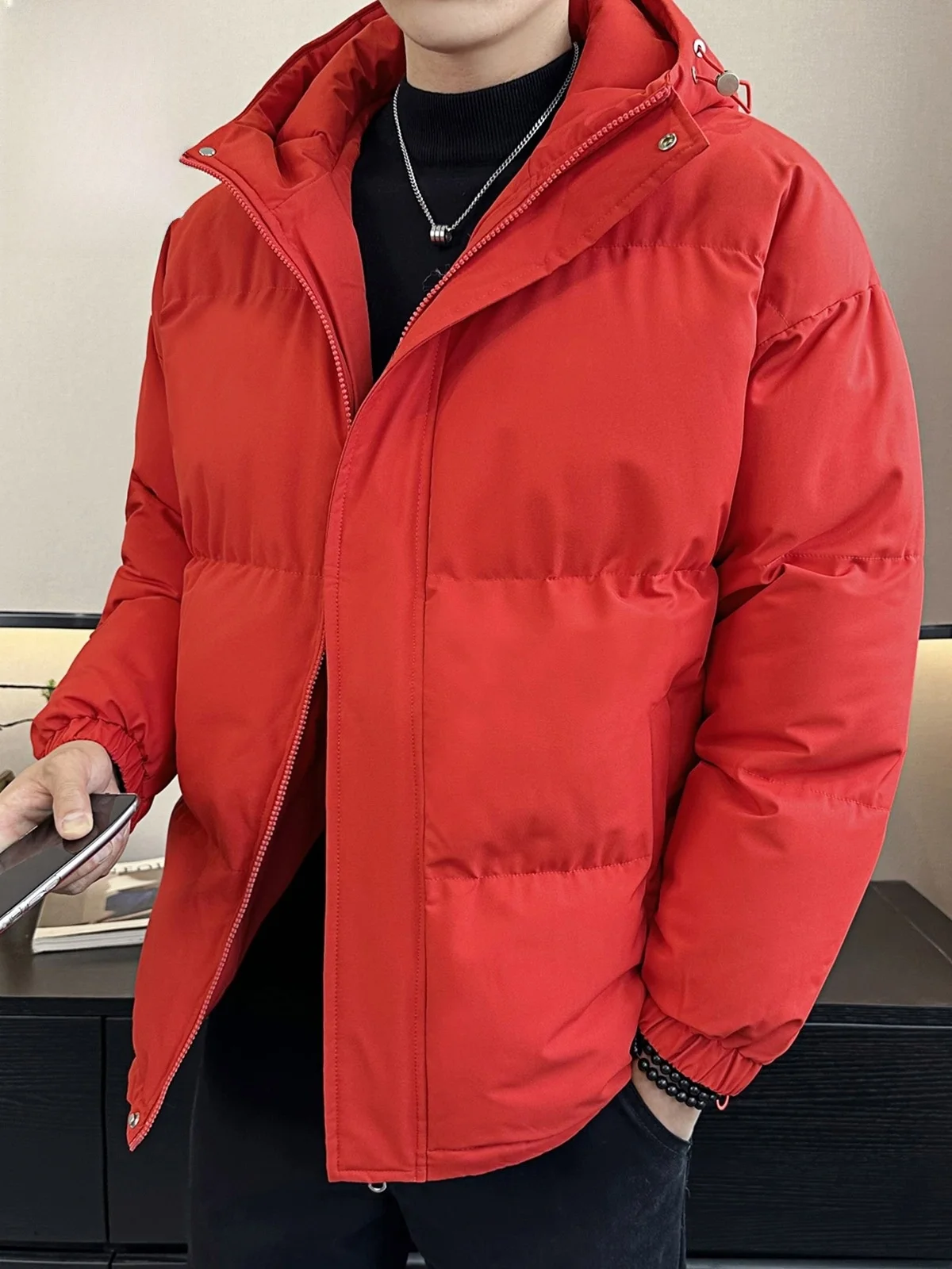 

Red Men's Cotton Jaet Winter New Sle Bread Coat Trendy Hooded Men's Cotton Clothes Warmth Long Sve Zipper Closure