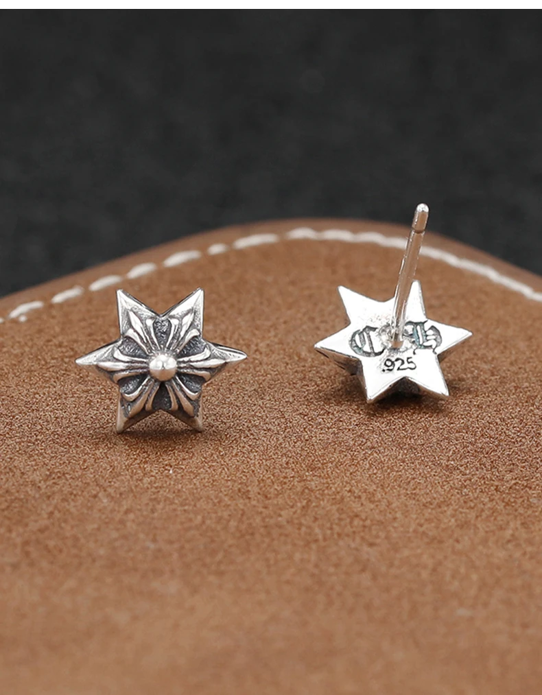 Thai silver retro six pointed star earrings S925 sterling silver earrings for male and female couples hip-hop personality single