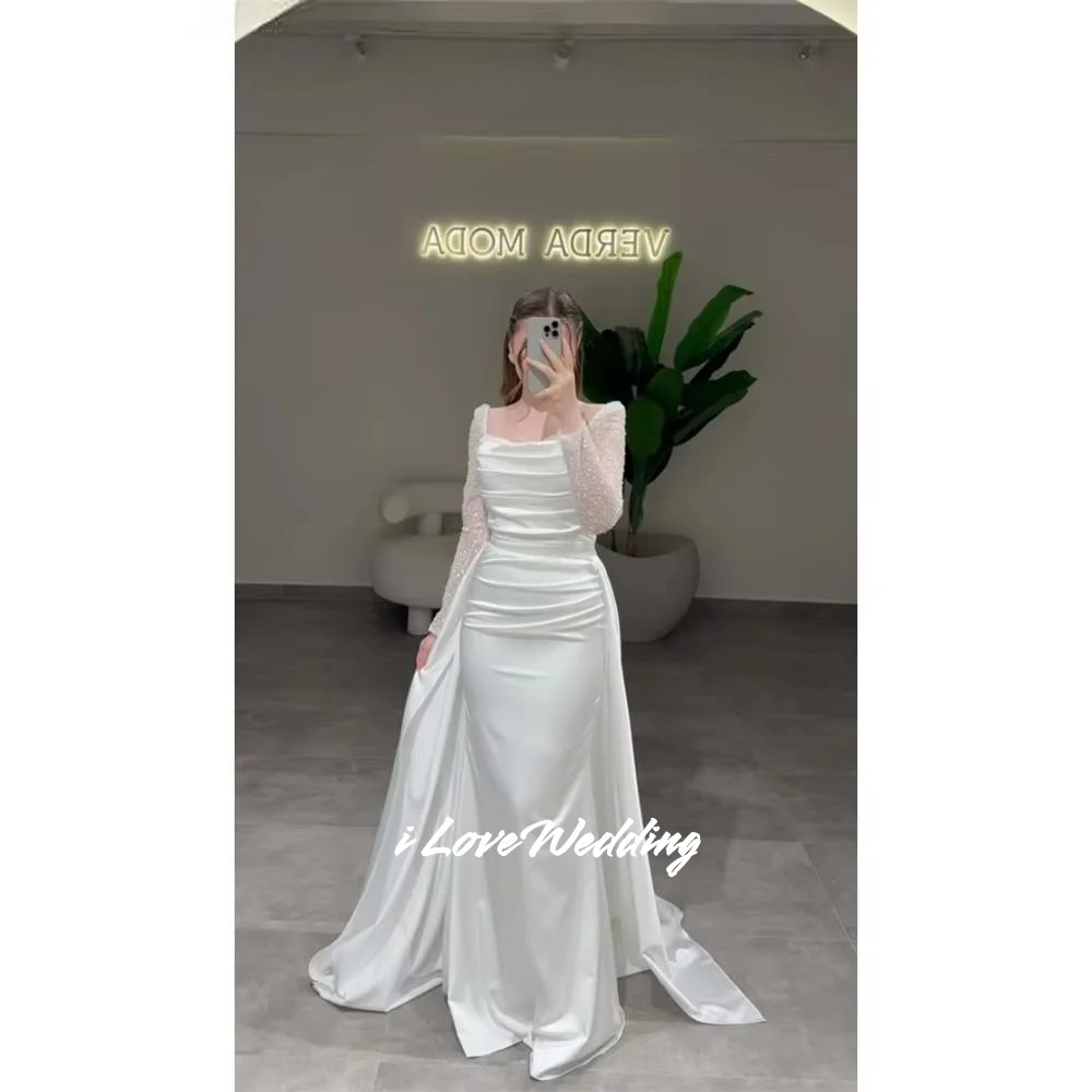 

White Square Neck Wedding Dresses Long Sleeve Beaded Detachable Train Mermaid Vestidos De Noche Floor-length Pleated Customized