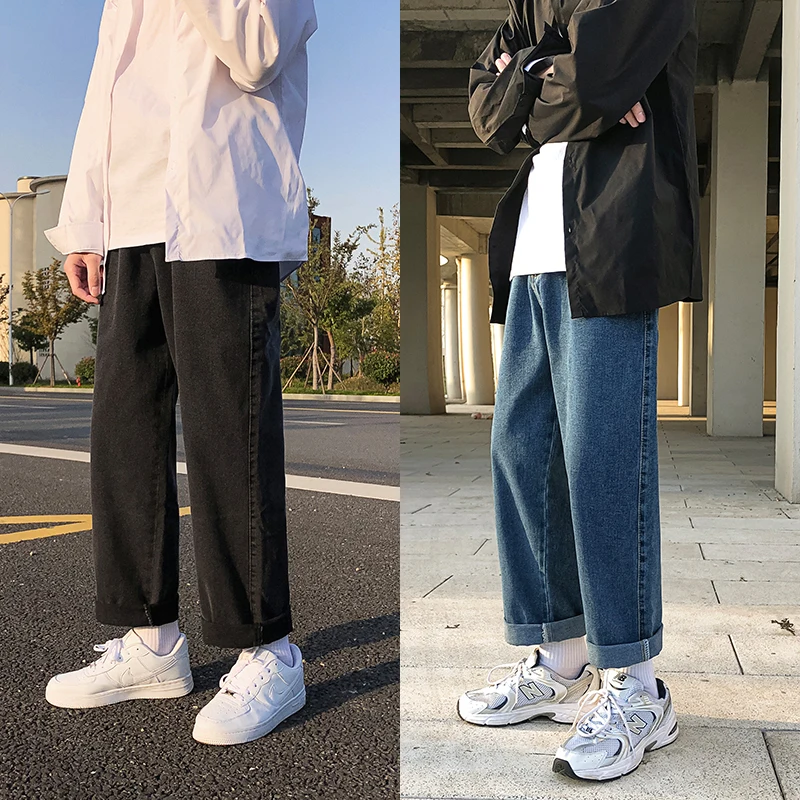 2023 Spring and Autumn Men\'s Straight Hip Hop Jeans Streetwear Loose Casual Wide Leg Pants Male Brand Trousers Light Blue Black