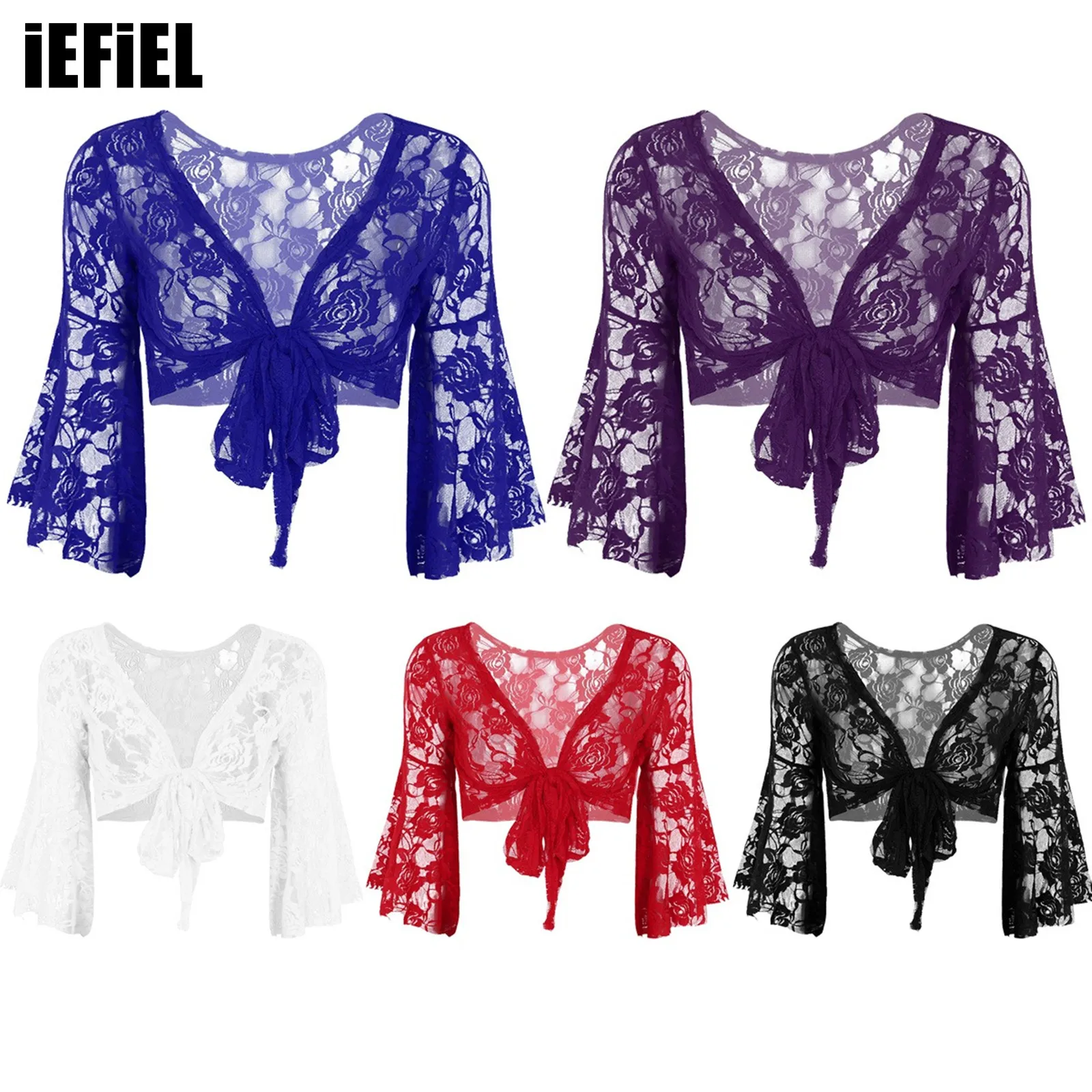 

Belly Dance Top Women Long Flare Sleeve Shrug Fashion Lace Cover Up Open Front Cardigan Dance Wraps