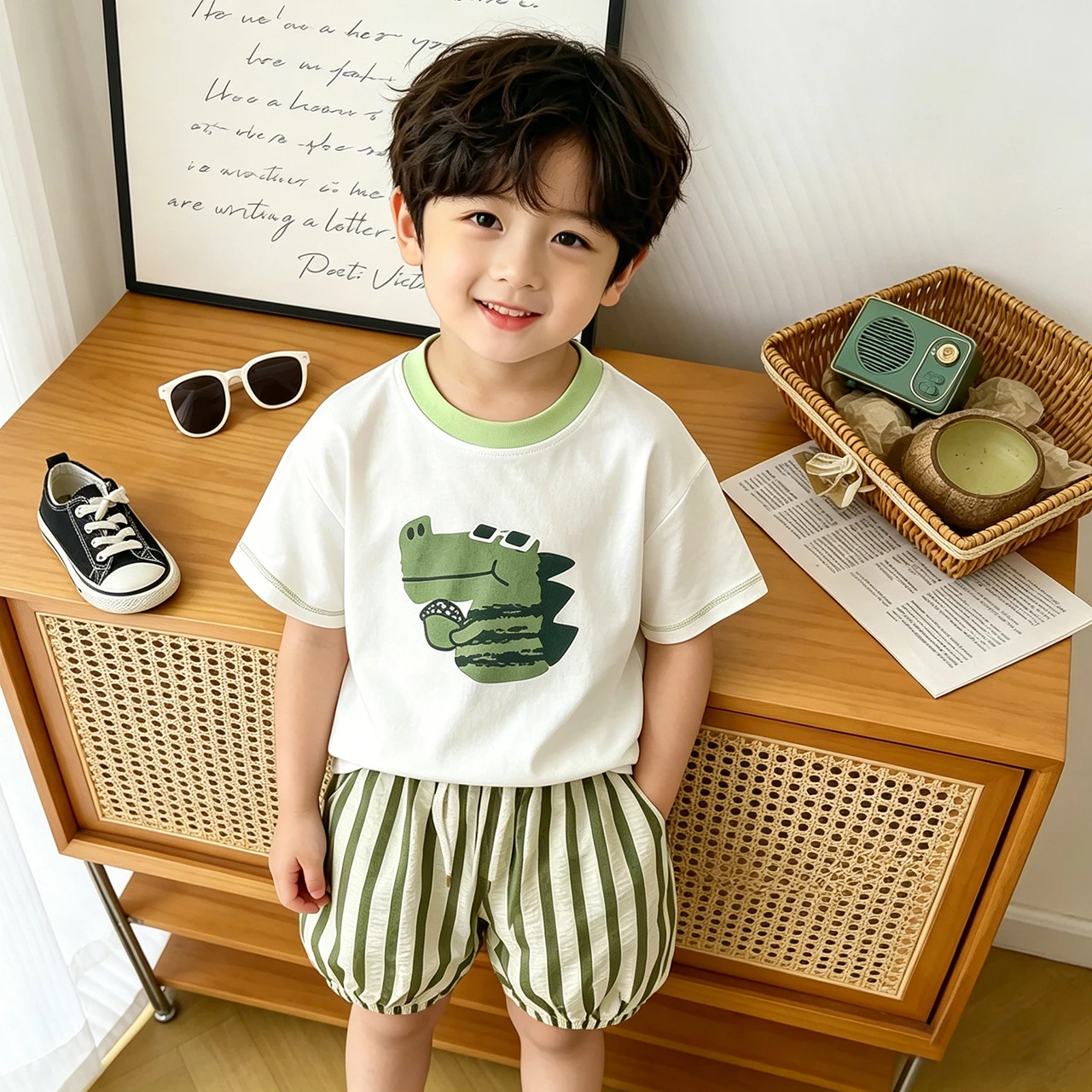 Summer Short-Sleeve Sets Boys Kids T-Shirts Capri Pants Loose-Fitting Children Clothing Cute Cartoon Baby Tracksuit Outfits 1-4Y