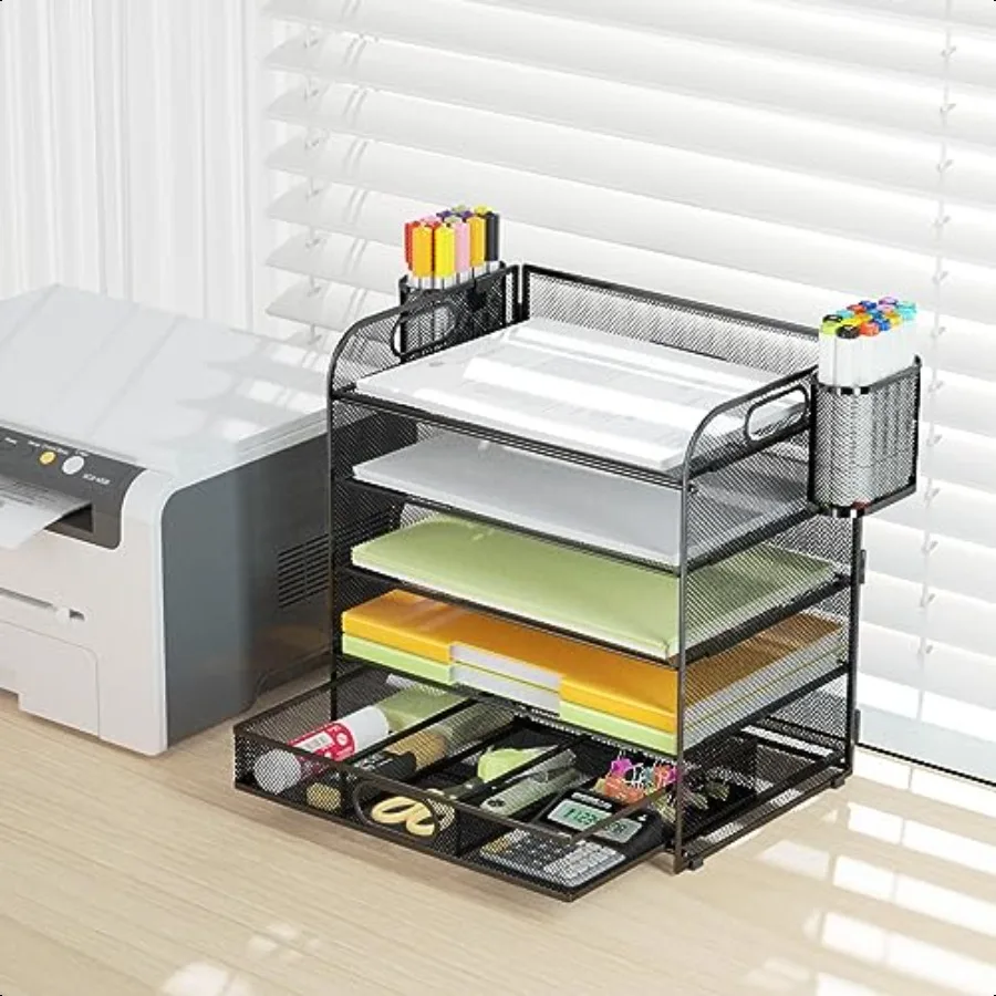 VIEERINN 5-уровневый органайзер для бумаги для стола, лоток для писем с выдвижным ящиком и 2 держателями для ручек, сетчатый сортировщик файлов, настольная полка для документов Stor