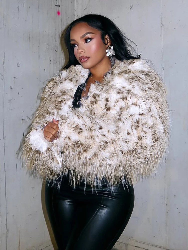 ニバーウォームウィンタートレンドファーラグジュアリージャケット女性ヒョウ柄フルスリーブ宴会パーティーワイルドヒップスターミッドナイトオープンカラーコート