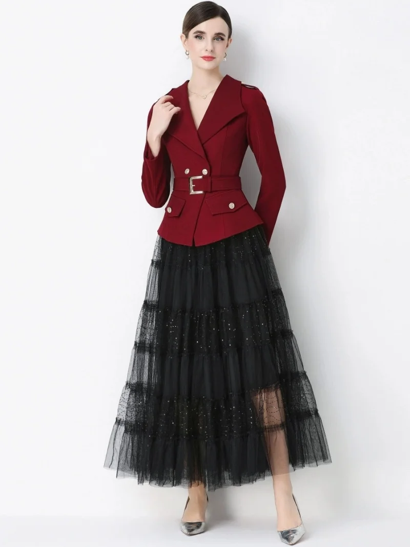 

Elegant 2 Piece Sets Women Outfit Spring Clothes Women 2026 Long Sleeve Blazer Top Mesh Skirt Sets OL Style Commuting Dress Sets