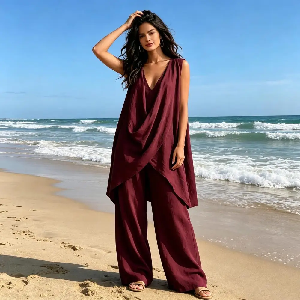 

2026 Female Wide-leg Pants Suit 2 Piece Sets Irregular Hem Sleeveless V Neck Vest Wide Leg Pants Summer Lounge Matching Outfits