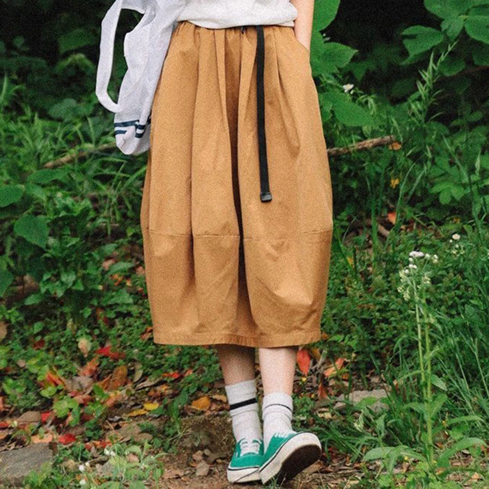 Retro Japanese pocket literary outdoor solid color loose spring and summer new versatile high waist casual tooling skirt