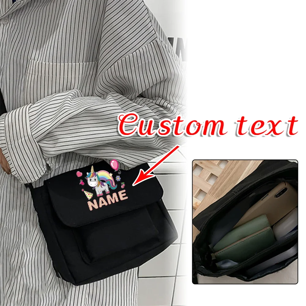 

Customized Name Black Crossbody Bag Casual Handbag Portable Storage Bag Postman Bag Cartoon Pattern