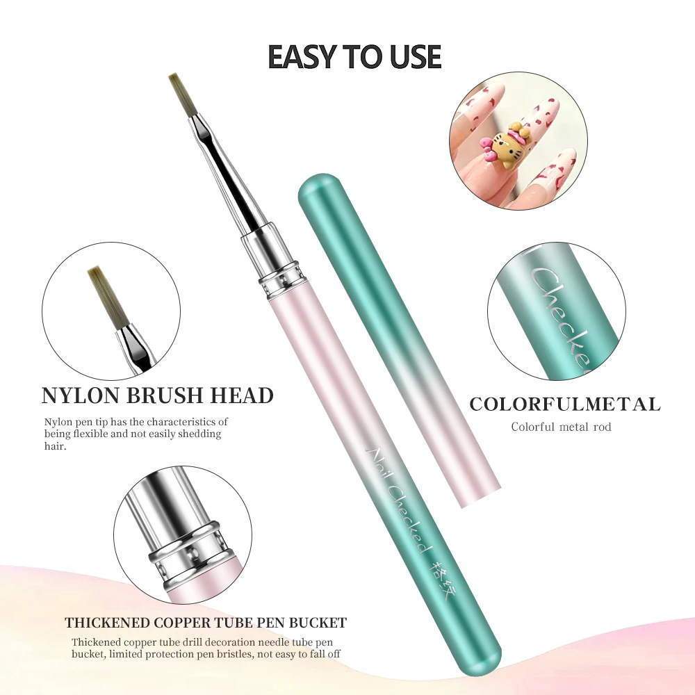 11pcs Special Nail Art Brush Set Flat French Liner with Phototherapy Long Checkered Crimped Ferrule Metal Handle Manicure Tool