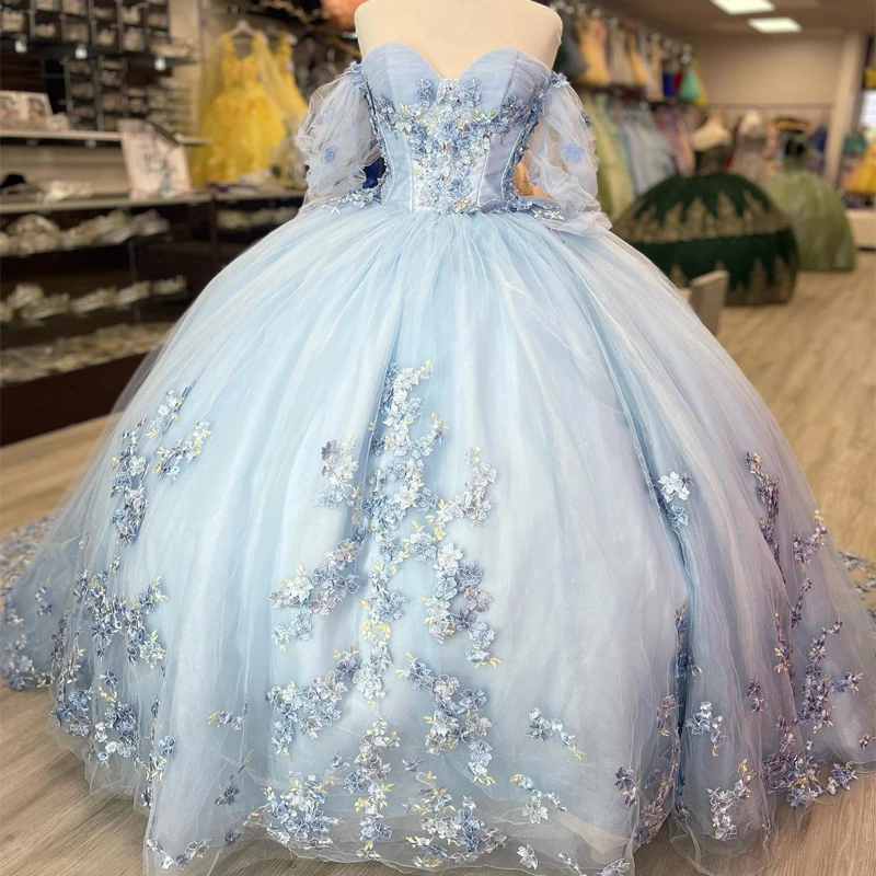 

Sky Blue Sweetheart 16 Quinceanera Dresses Off the Shoulder Lace Applique Beads Ball Gown Sweet Vestido De 15 Anos Lace-Up