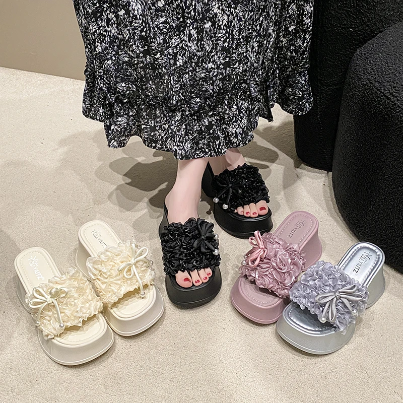 

Women's 2026 Summer Sweet Bow Knot Platform Slippers PU Open Toe Non-Slip Thick Sole Wedge Heel Sandals for Casual Daily Wear