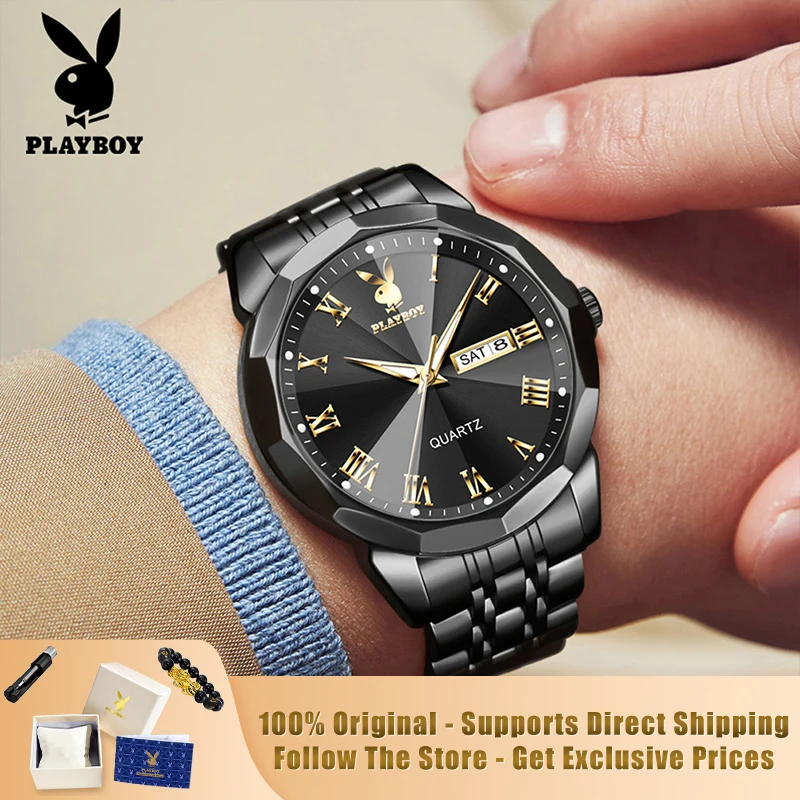 

PLAYBOY 3502 Оригинальные мужские кварцевые часы с ромбовидным зеркальным циферблатом, двойным календарем и ремешком из нержавеющей стали