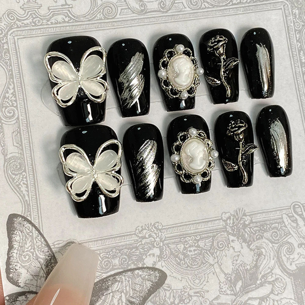 

10pcs Handmade Black Fake Nail With Butterfly Rhinestone Nails Press On Nails Y2K Short Coffin Retro Decor Nail Накладные Ногти