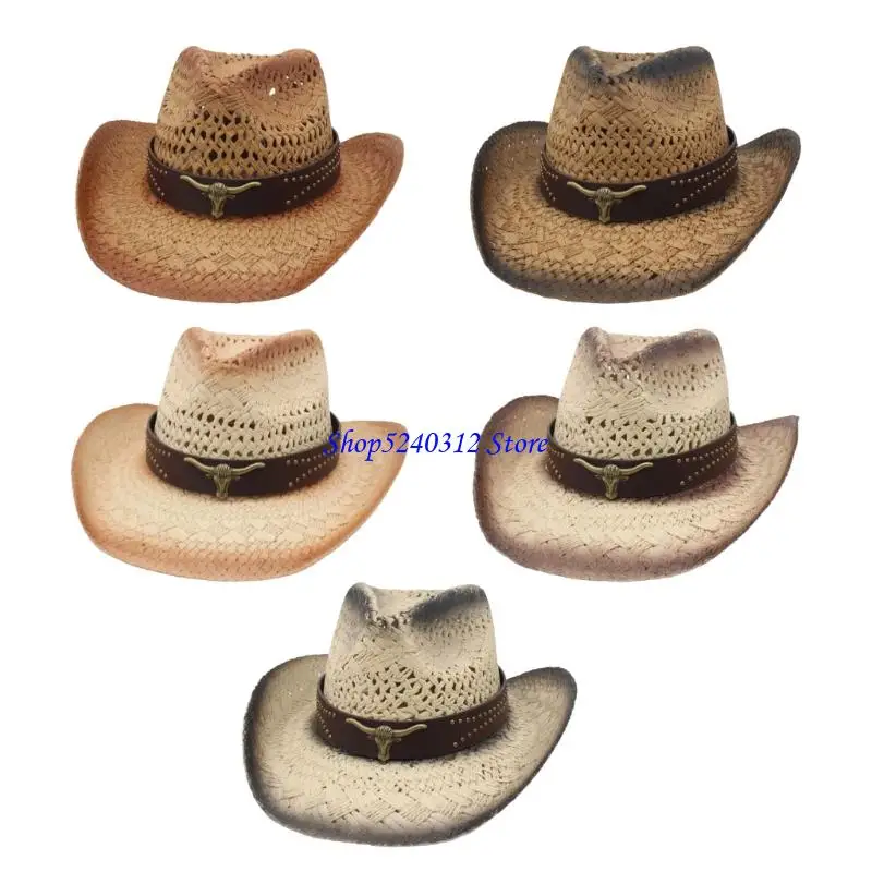 634C قبعات رعاة البقر المضفرة التهوية مقاومة للحرارة ملحقات خارجية عملية واسعة الحواف قبعة للحفلات الموسيقية مناسبة للسفر #1