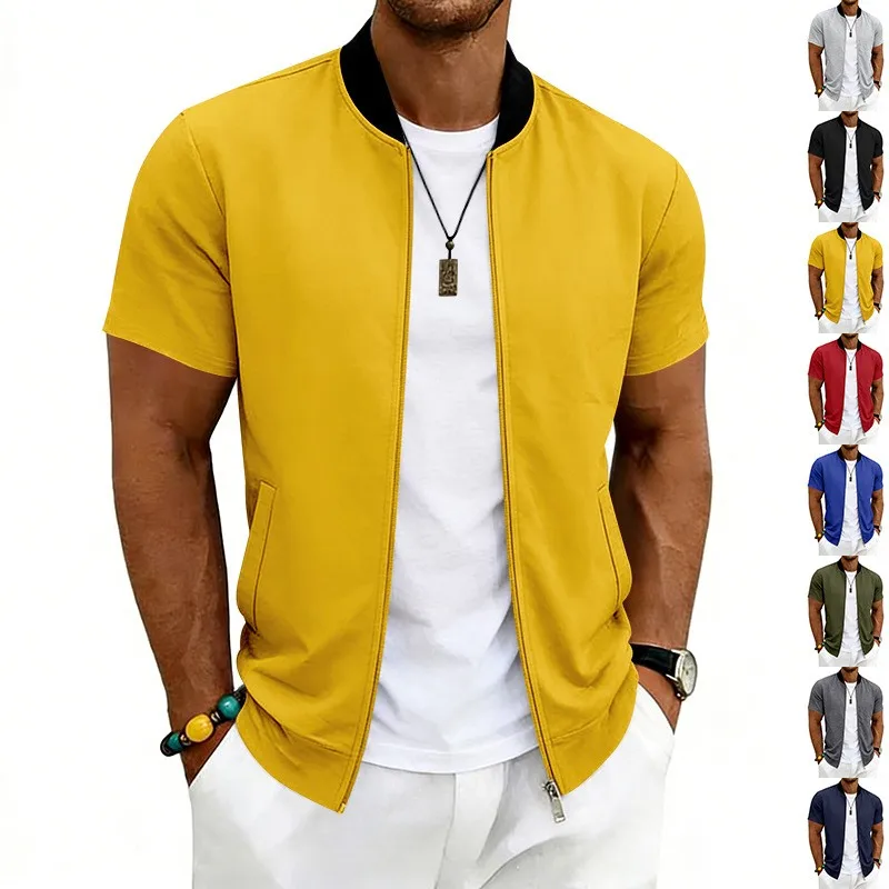 

Men's Summer Thin Stand Collar Sports Short Sleeve, Zip Up Baseball Jacket, Casual Lightweight Breathable Streetwear Tops