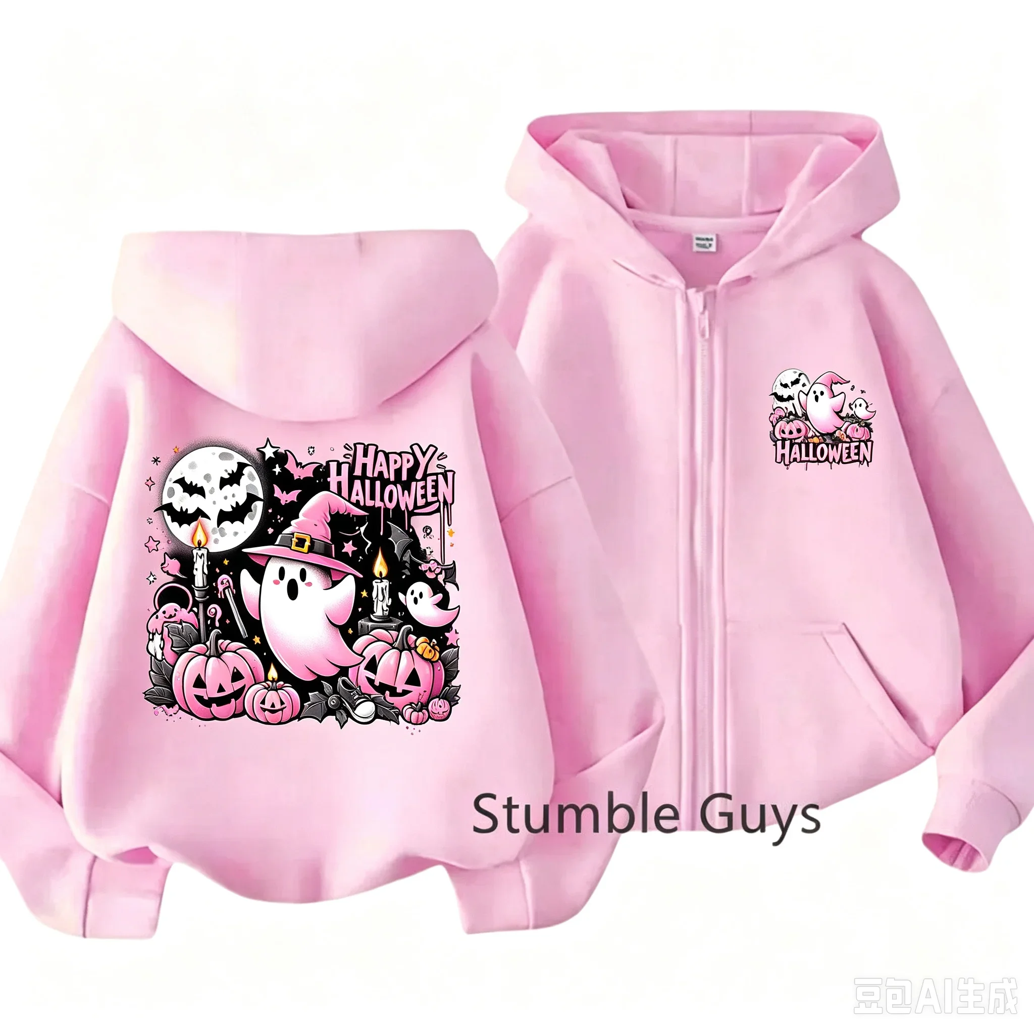 Kids Happy Halloween Zip Hoodie Cartoon Ghost Witch Moon And Pumpkin Elements Print Long Sleeve Casual Hooded Sweatshirt Jacket