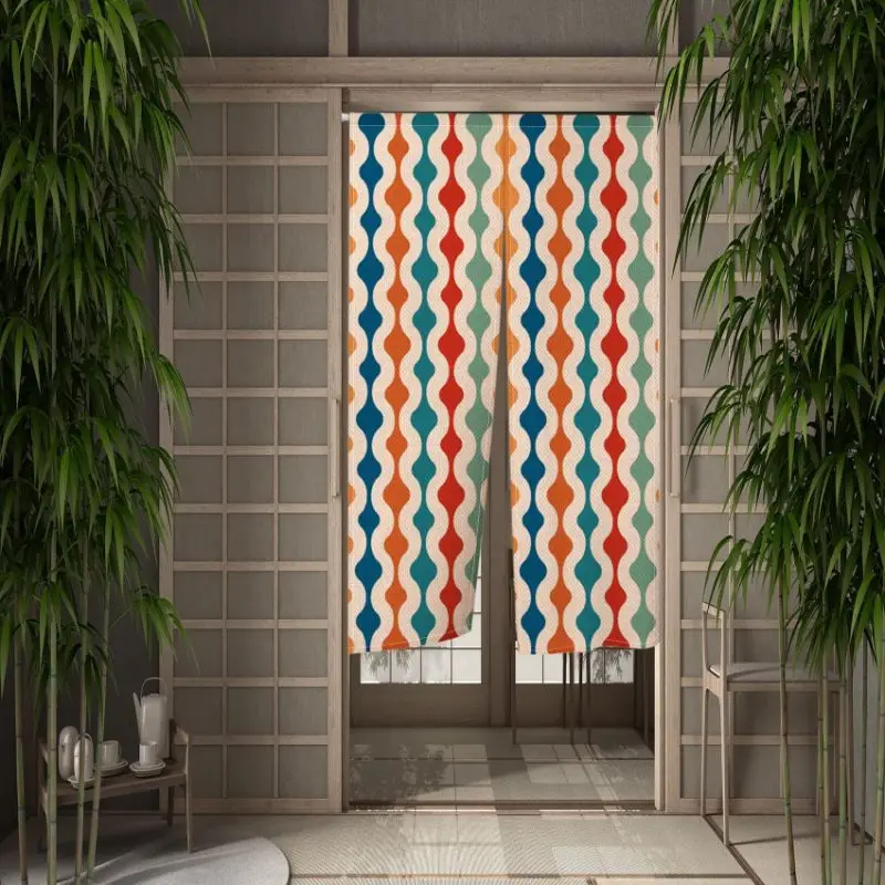 VIKAMA Retro Wavy Geometric Door Curtain Colorful Vertical Stripe Orange Teal Red Blue Mid Century Linen Noren Kitchen Bedroom