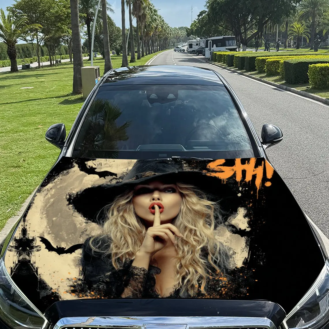 

Moonlit Realm of Witch and Bats Car Vinyl Wrap, PVC Material Waterproof Car Hood Sticker, Self-Adhesive Scratch-Resistant Sticke