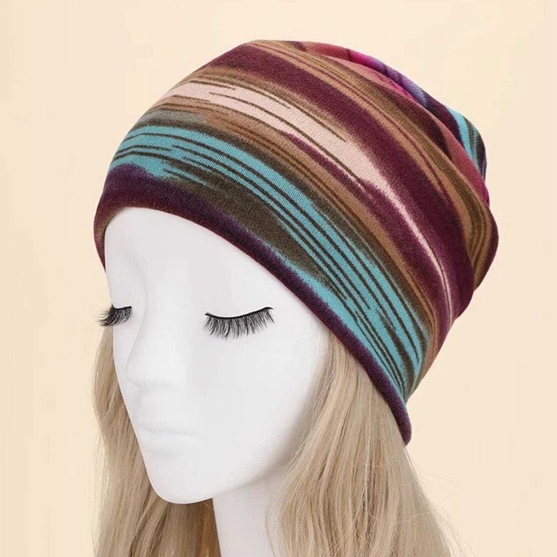 

Comfort Scarf Hats Colorblock Striped Warm Bonnet Caps Street Style Skullies Autumn Winter Beanie Hat Slouchy Casual Headwrap