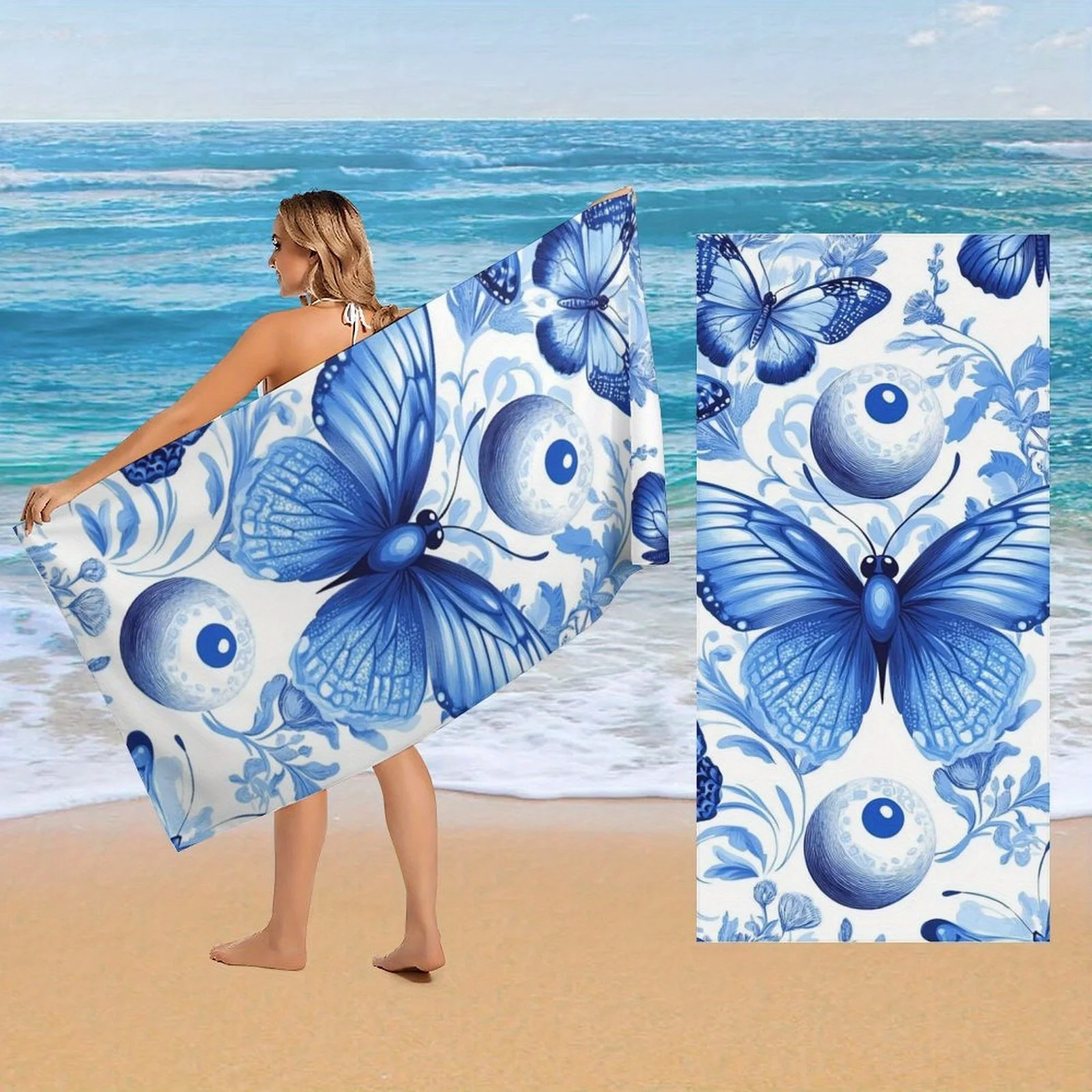 Toalla grande con diseño de mariposas azules, toalla de playa, toalla deportiva, súper absorbente, de secado rápido, toalla deportiva para baño, a la moda