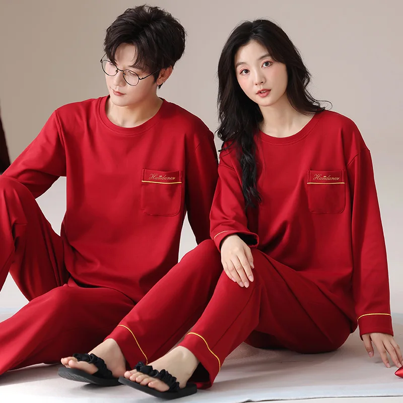 Autumn Lovers Pajamas Festive Red Long Sleeve Male Pajama Set Men Knit Cotton Pyjamas For Women Sleepwear Suit Couple Homewear